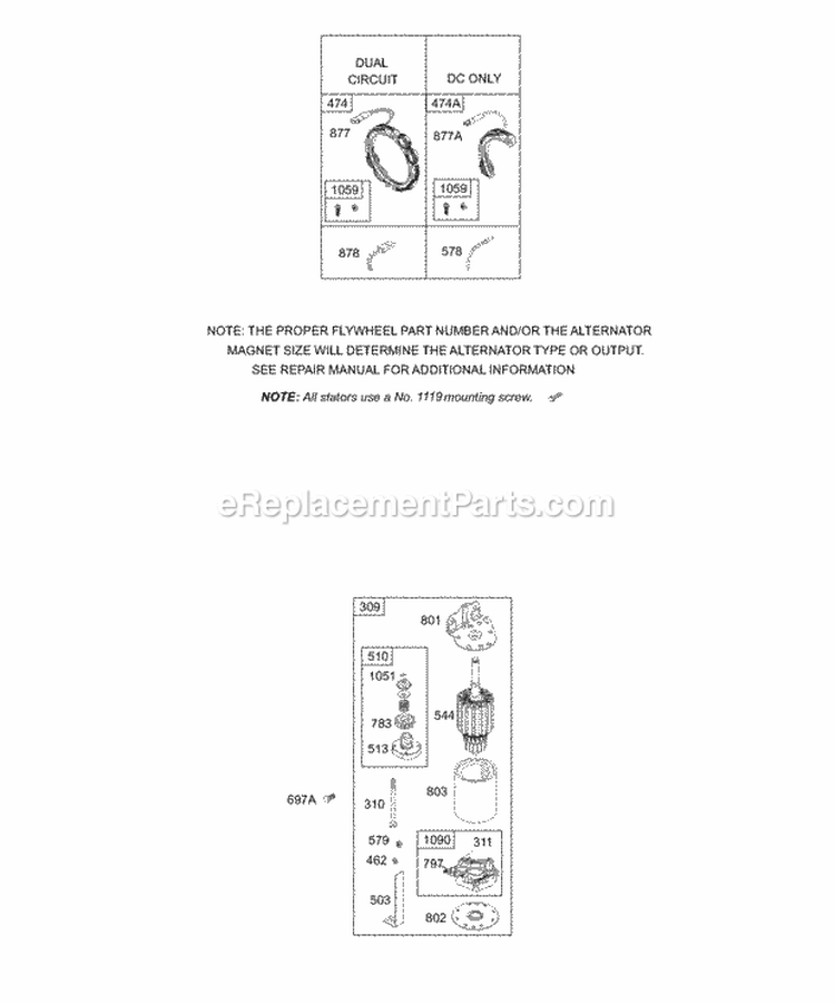 Electric Starter Stator Diagram and Parts List for 197702-0015-E1  Briggs and Stratton Engine